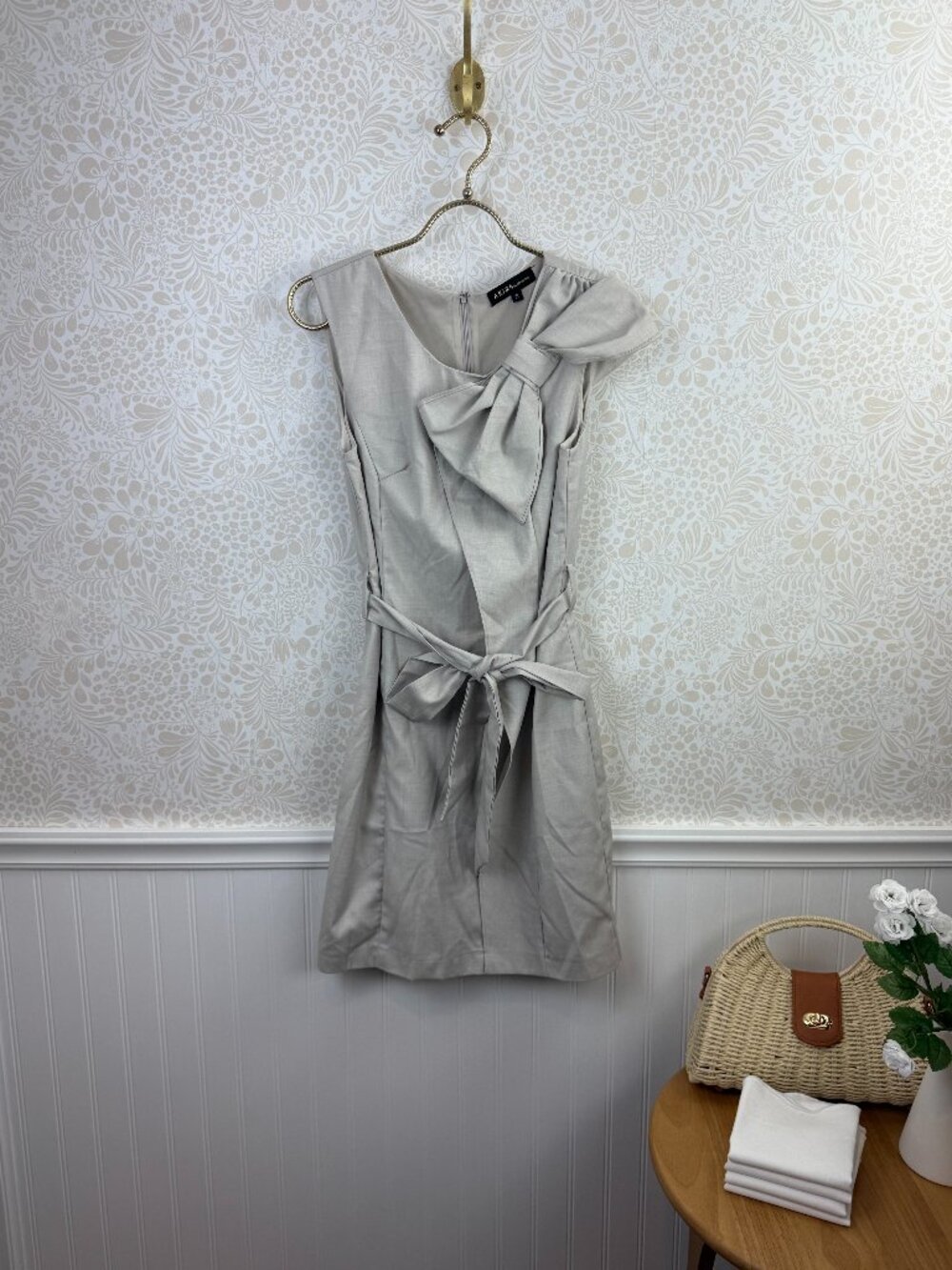 AKIRA Black Label Taupe Belted Mini Sleeveless Bow Detail Dress - Size - Small